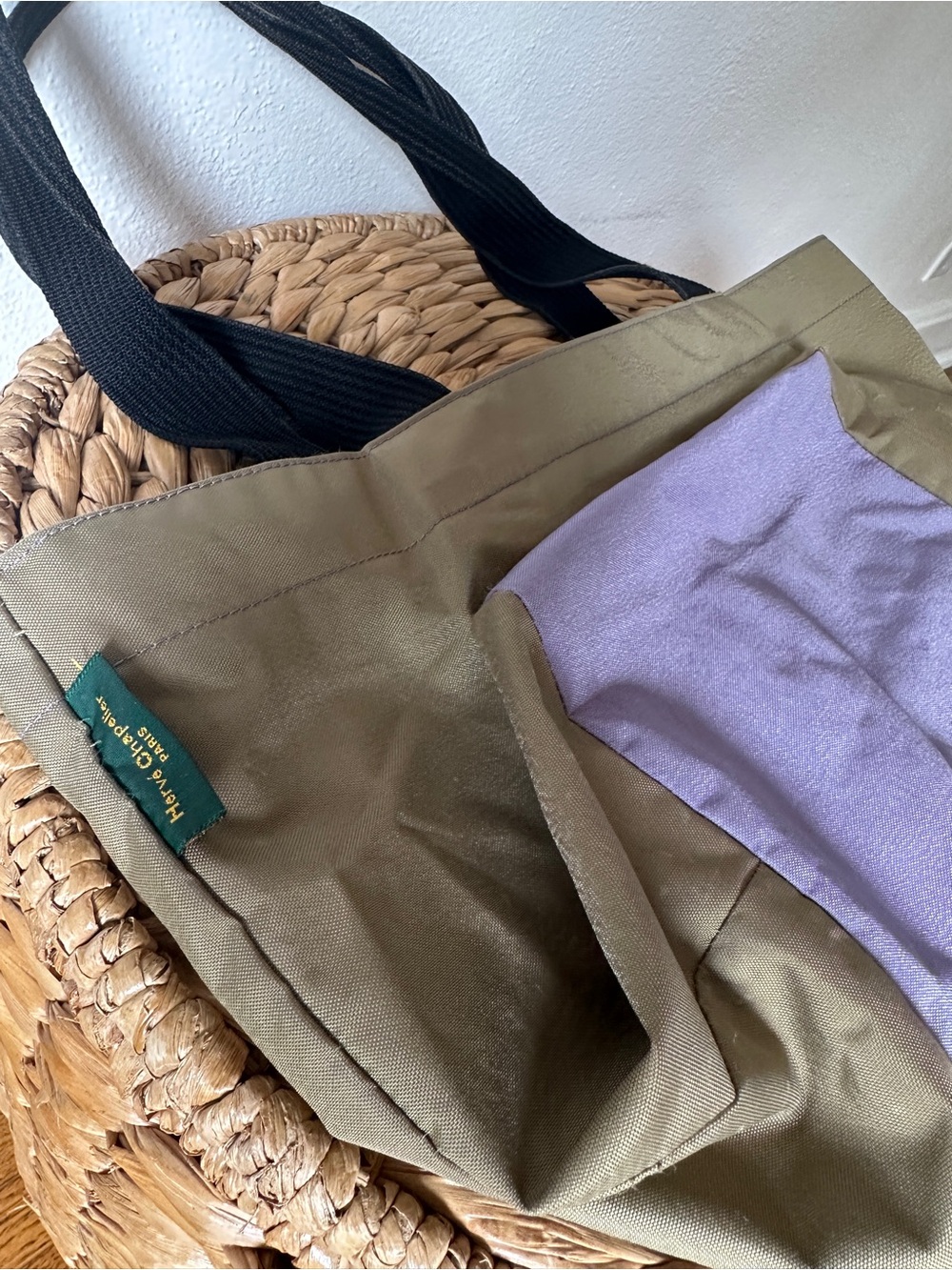 Herve Chapelier Paris Nylon Boat Tote Bag Olive Green Lavender Two Tone